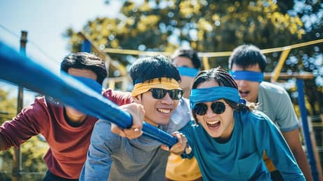 asian-colleagues-participating-teambuilding-trust-exercise-guiding-each-other-blindfolded-through-obstacle-course_997534-29846 Choosing the Perfect Team Building Games